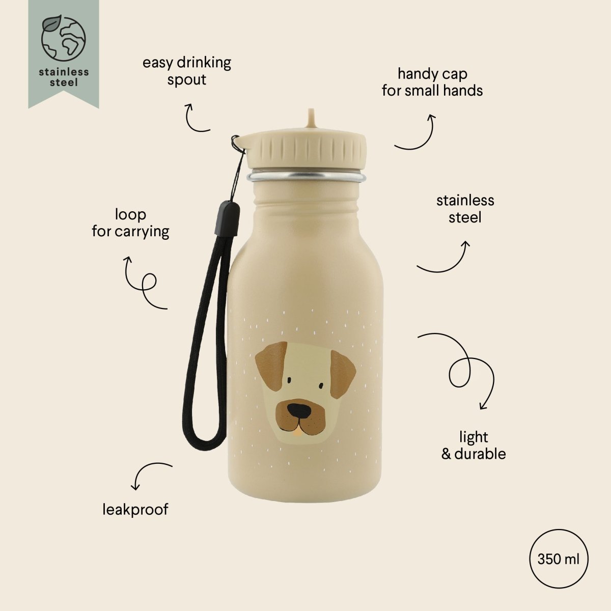 Mr. Dog Stainless Steel Water Bottle 350 ml – Durable, Safe Hydration for Kids - Tiny Tugz™