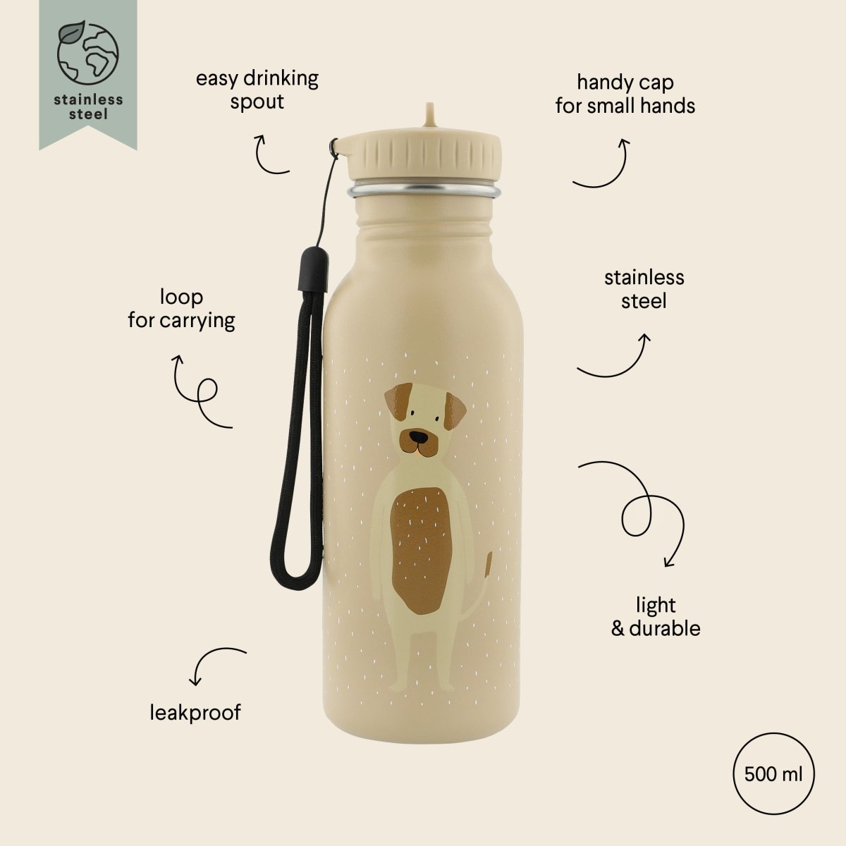 Mr. Dog Stainless Steel Water Bottle 500 ml – Durable, Safe Hydration for Kids - Tiny Tugz™