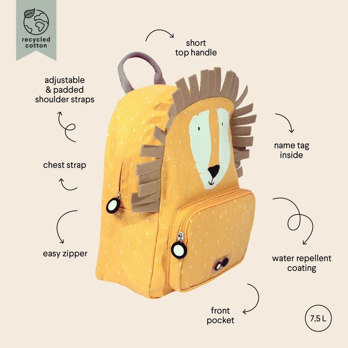 Mr. Lion Recycled Cotton Kids Backpack (Regular) – Lightweight, Water-Repellent & Sustainable - Tiny Tugz™
