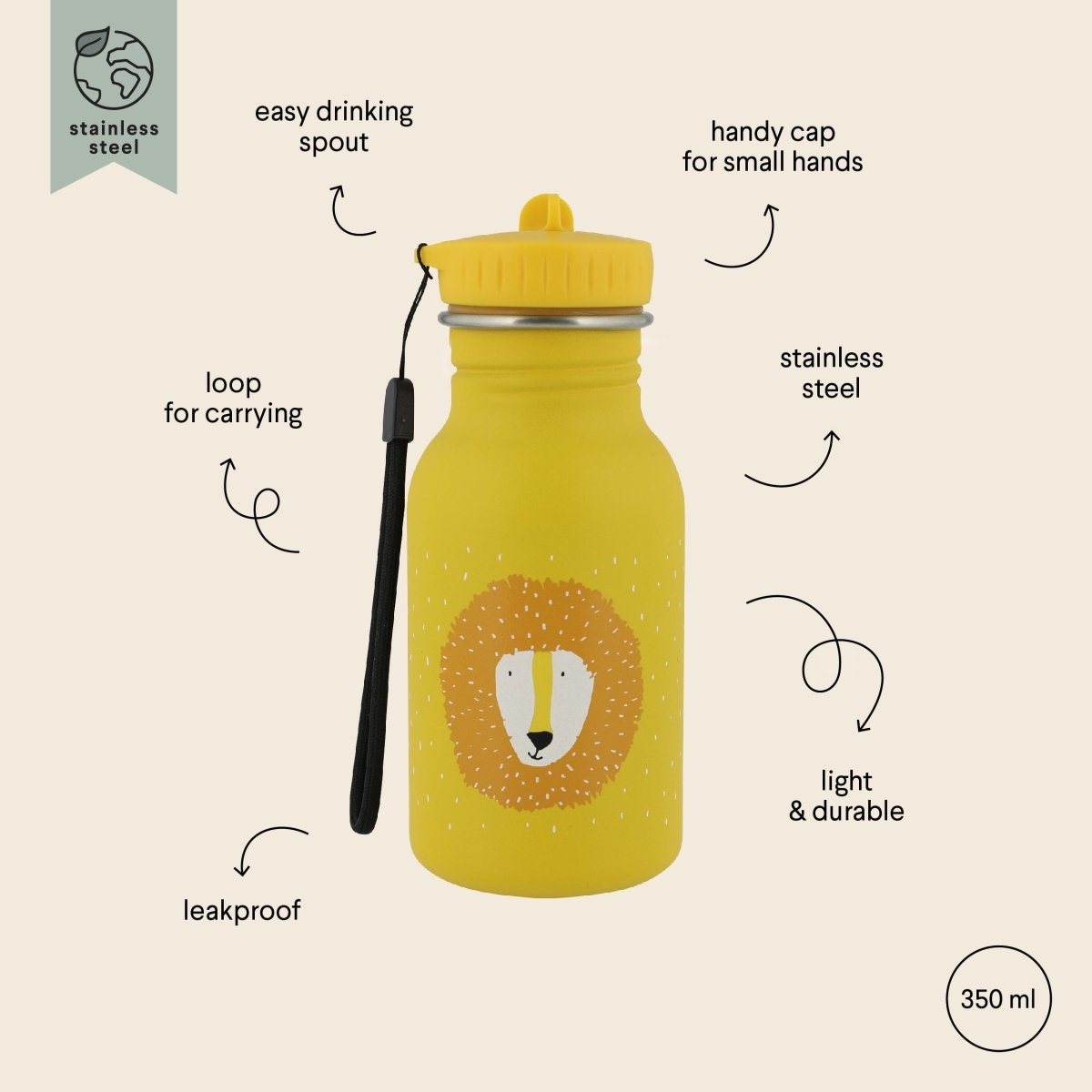 Mr Lion Stainless Steel Water Bottle 350 ml – Durable, Safe Hydration for Kids - Tiny Tugz™