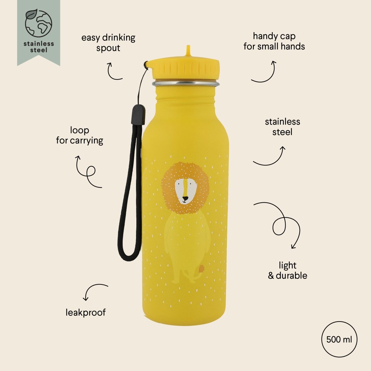 Mr. Lion Stainless Steel Water Bottle 500 ml – Durable, Safe Hydration for Kids - Tiny Tugz™
