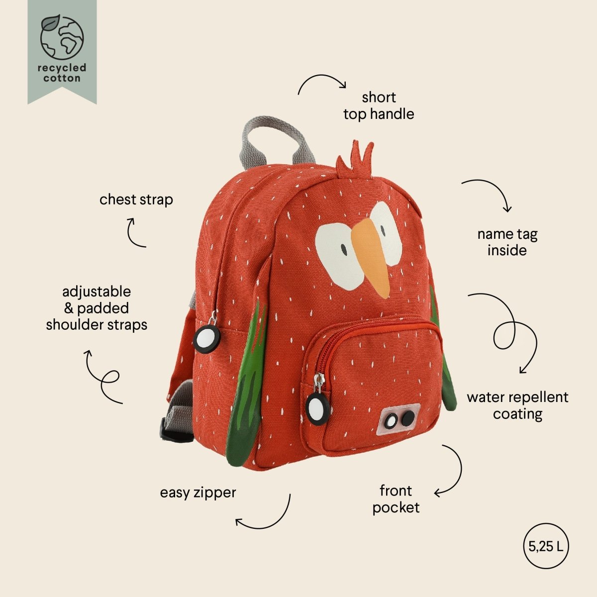 Mr. Parrot Recycled Cotton Kids Backpack (Regular) – Lightweight, Water-Repellent & Sustainable - Tiny Tugz™
