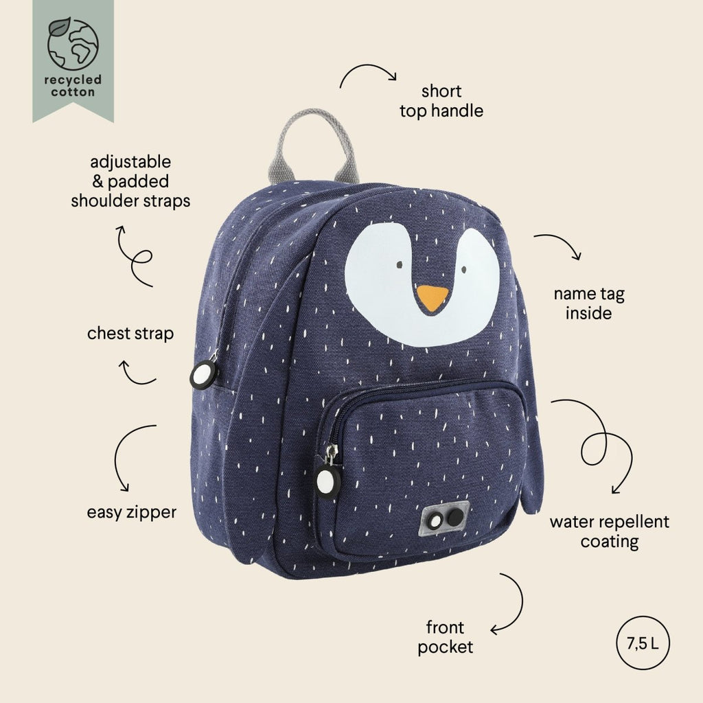 Mr. Penguin Recycled Cotton Kids Backpack (Regular) – Lightweight, Water-Repellent & Sustainable - Tiny Tugz™