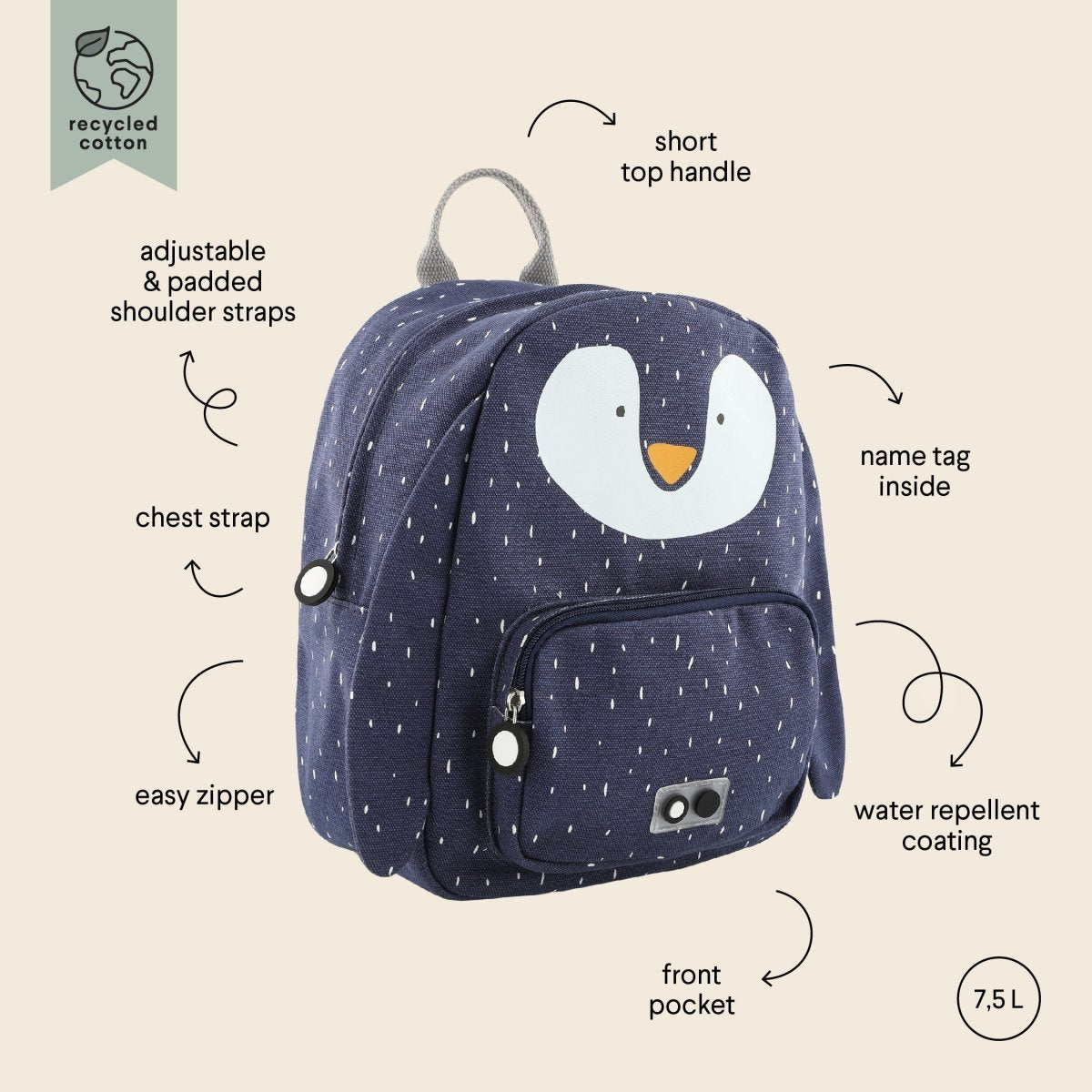 Mr. Penguin Recycled Cotton Kids Backpack (Regular) – Lightweight, Water-Repellent & Sustainable - Tiny Tugz™