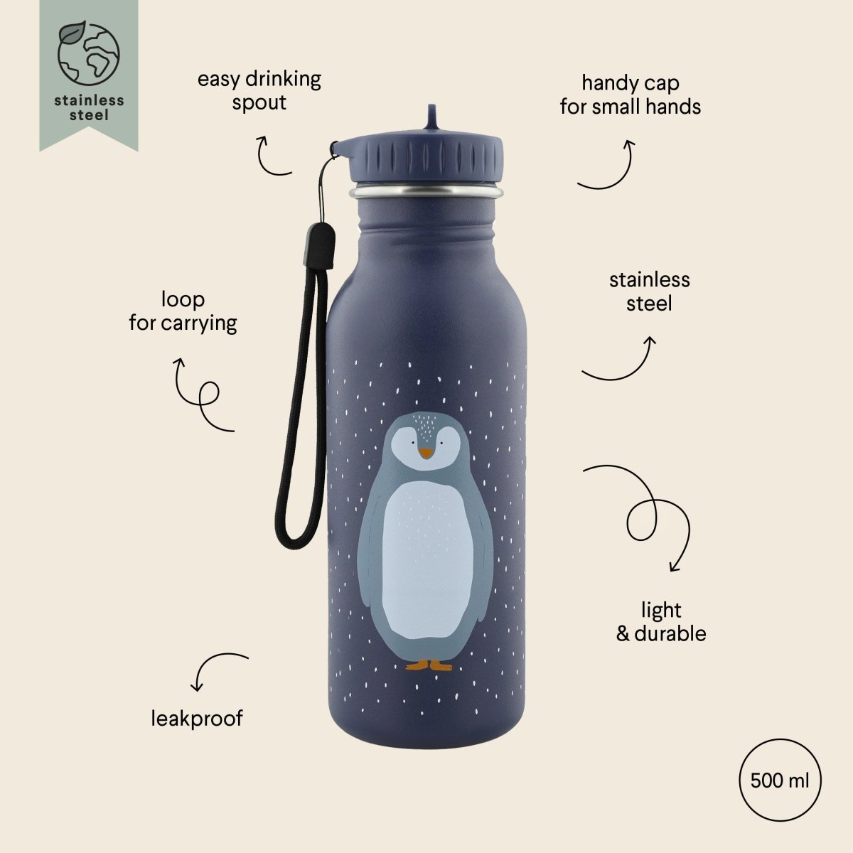 Mr. Penguin Stainless Steel Water Bottle 500 ml – Durable, Safe Hydration for Kids - Tiny Tugz™