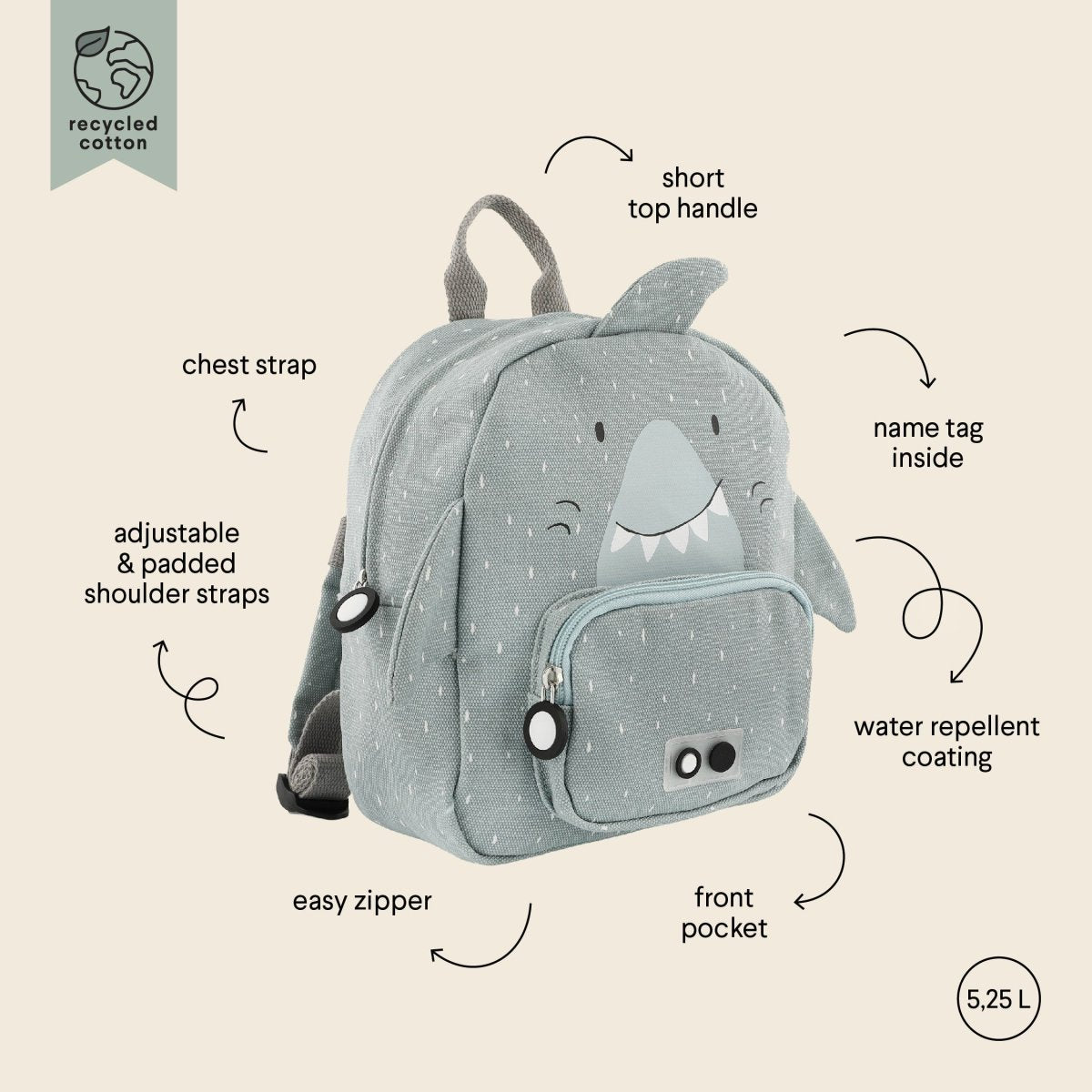 Mr. Shark Recycled Cotton Kids Backpack (Regular) – Lightweight, Water-Repellent & Sustainable - Tiny Tugz™