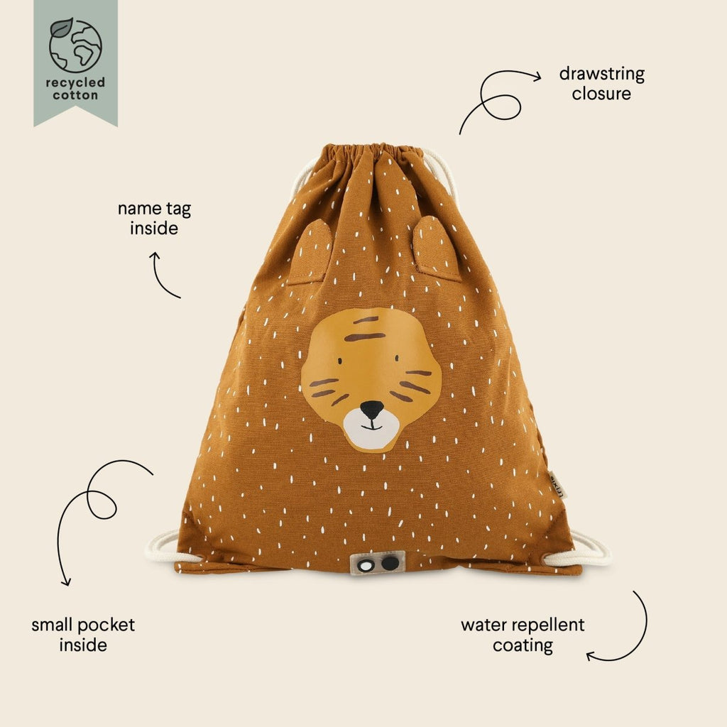 Mr. Tiger Recycled Cotton Kids Drawstring Bag – Lightweight, Water-Repellent & Sustainable - Tiny Tugz™