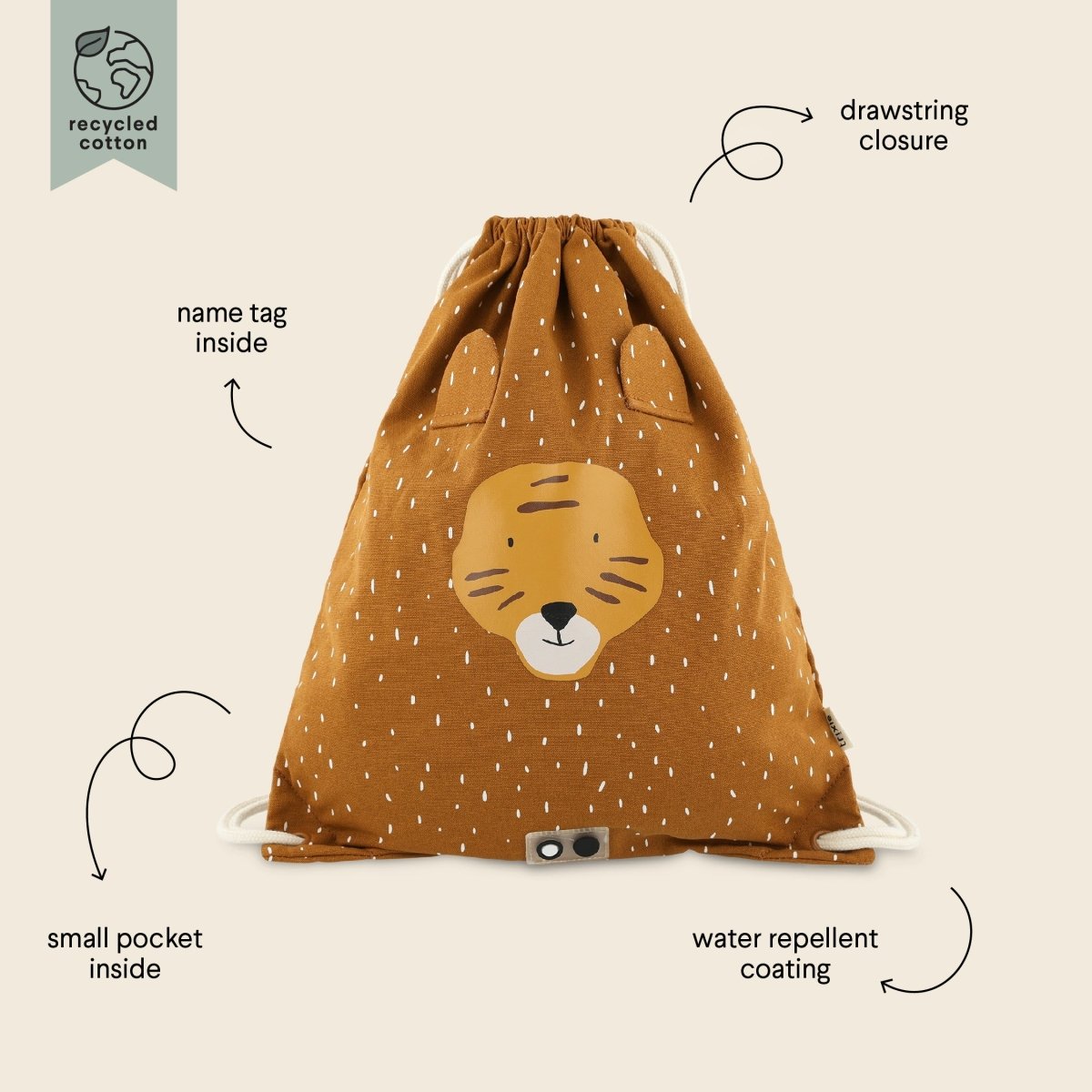 Mr. Tiger Recycled Cotton Kids Drawstring Bag – Lightweight, Water-Repellent & Sustainable - Tiny Tugz™