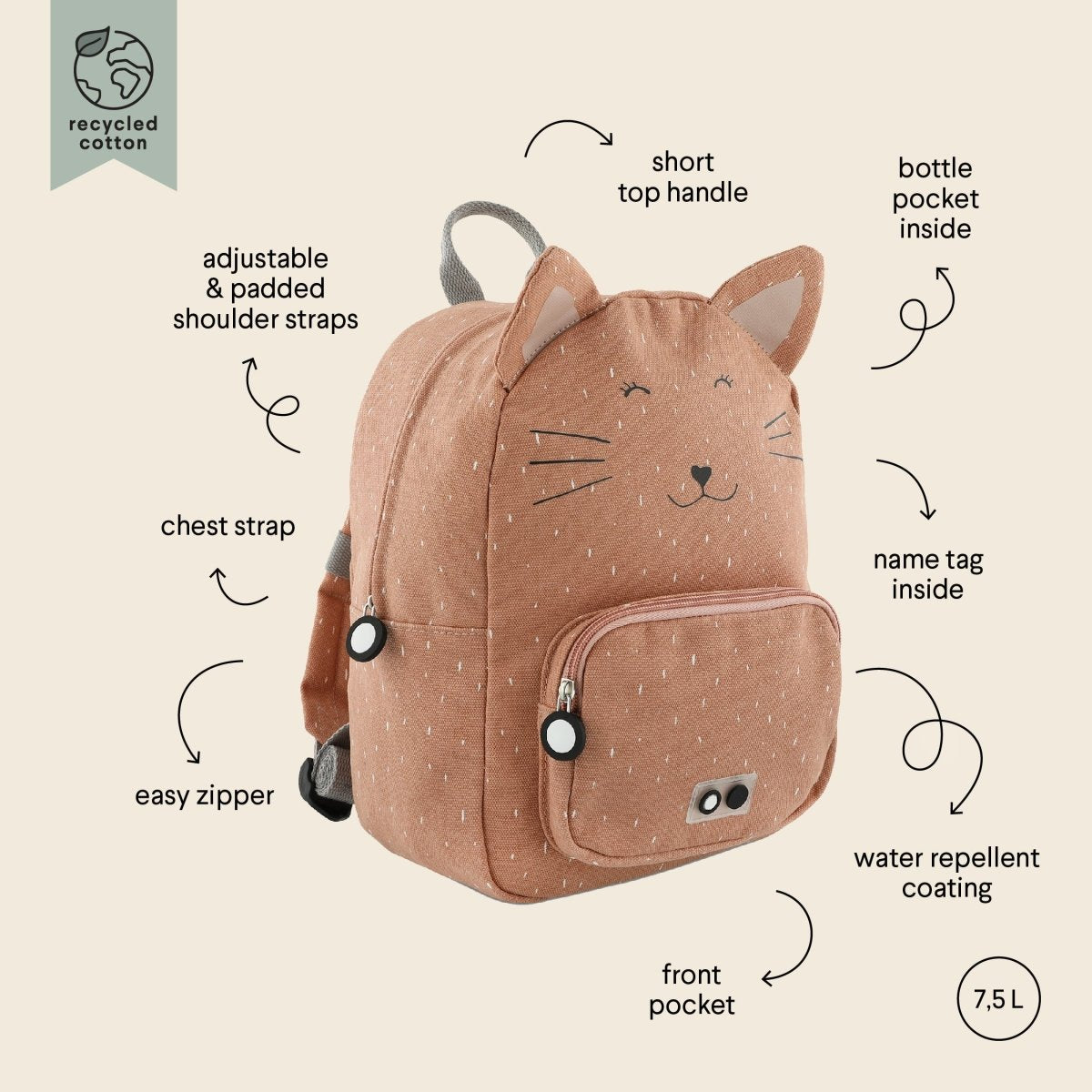 Mrs. Cat Recycled Cotton Kids Backpack (Regular) – Lightweight, Water-Repellent & Sustainable - Tiny Tugz™