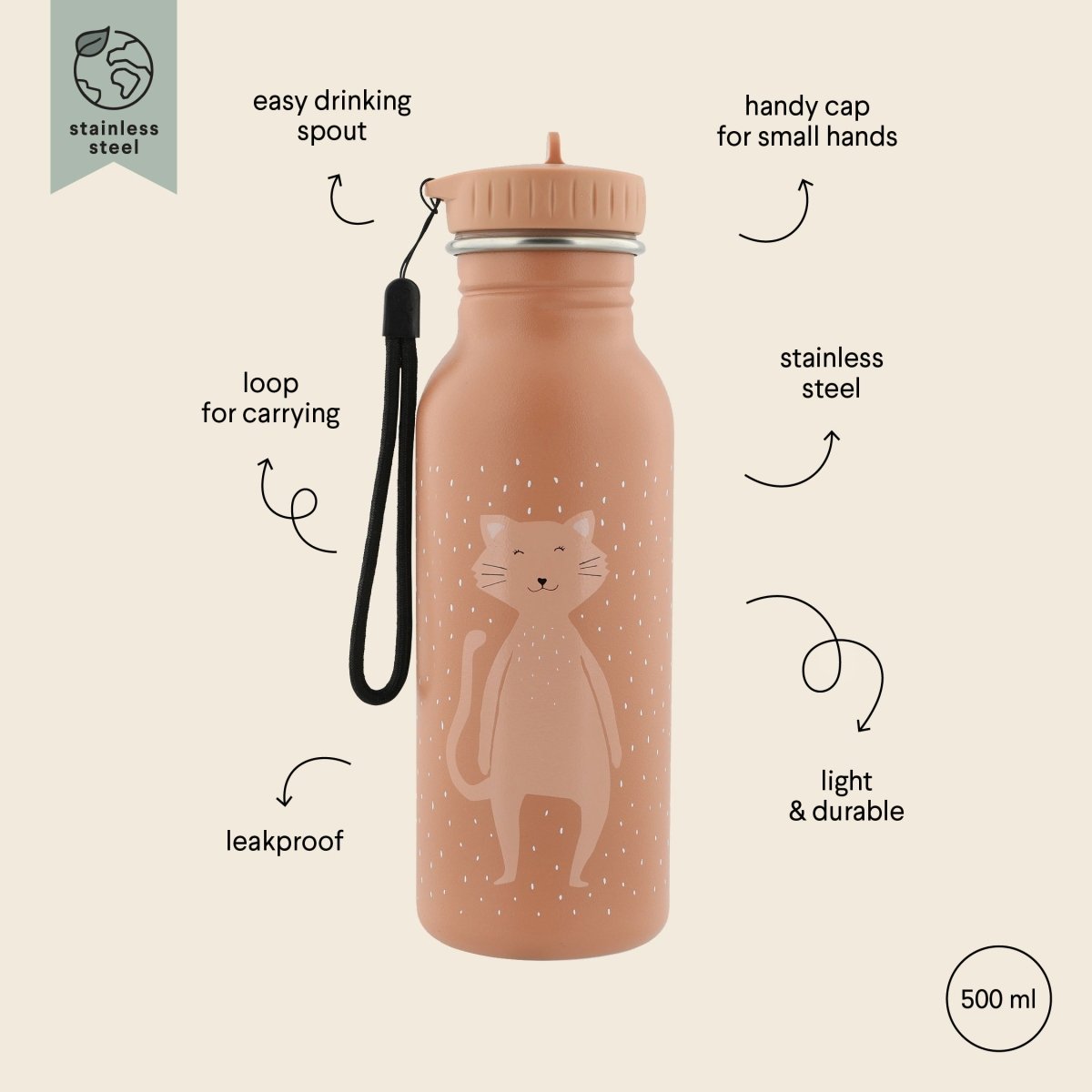 Mrs. Cat Stainless Steel Water Bottle 500 ml – Durable, Safe Hydration for Kids - Tiny Tugz™