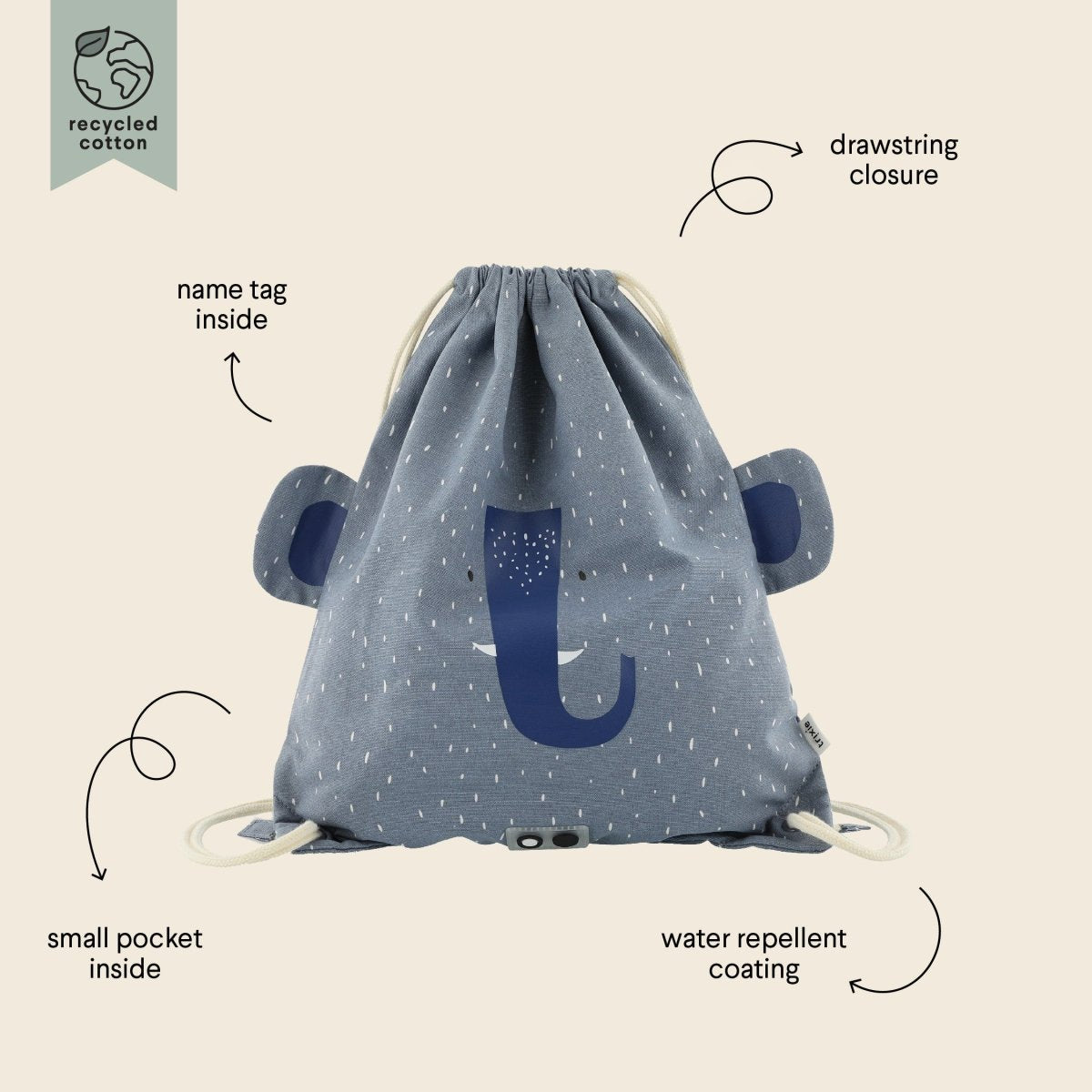 Mrs. Elephant Recycled Cotton Kids Drawstring Bag – Lightweight, Water-Repellent & Sustainable - Tiny Tugz™