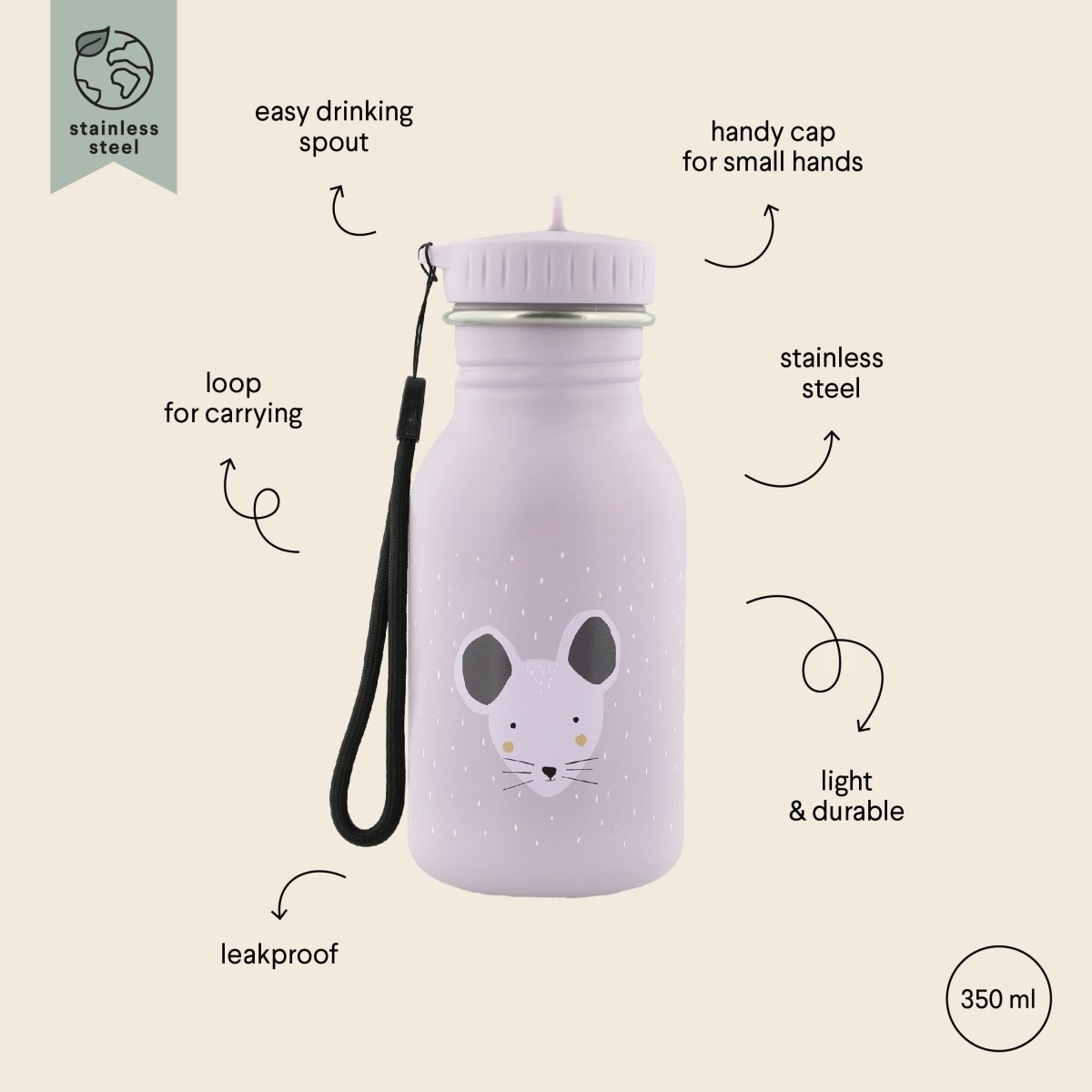 Mrs. Mouse Stainless Steel Water Bottle 350 ml – Durable, Safe Hydration for Kids - Tiny Tugz™