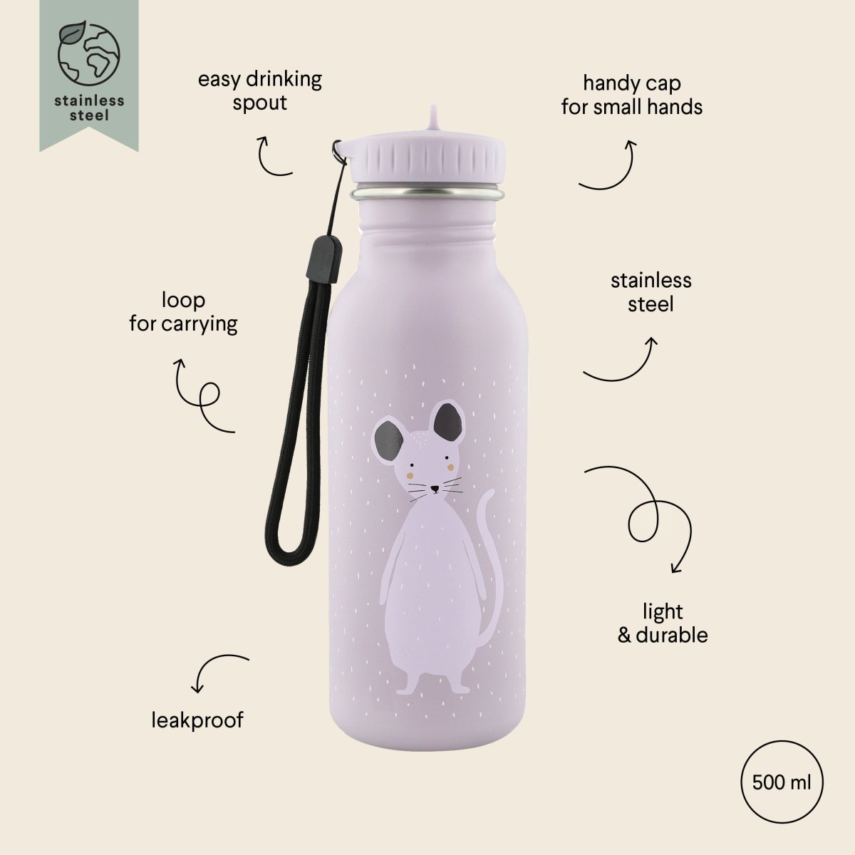 Mrs. Mouse Stainless Steel Water Bottle 500 ml – Durable, Safe Hydration for Kids - Tiny Tugz™