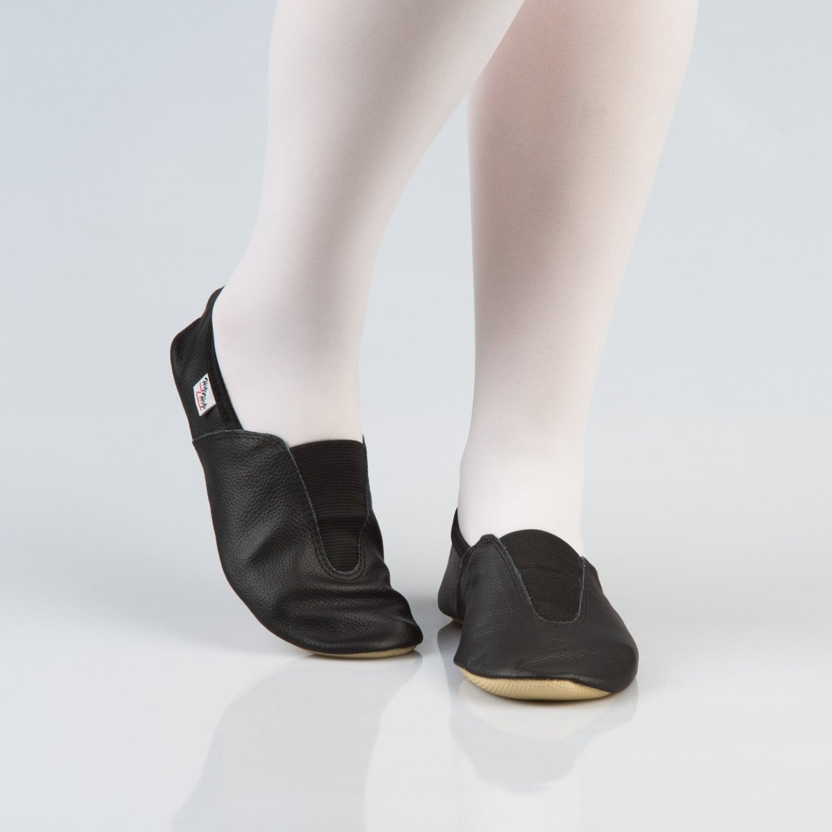 Natural Leather Kids & Teens Gymnastics Slippers – Elastic Top Detail & Rubber Outsole (Black) - Tiny Tugz™