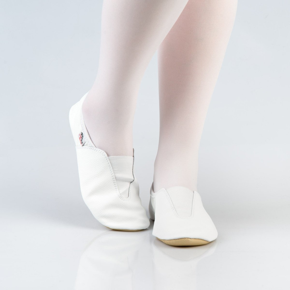 Natural Leather Kids & Teens Gymnastics Slippers – Elastic Top Detail & Rubber Outsole (White) - Tiny Tugz™