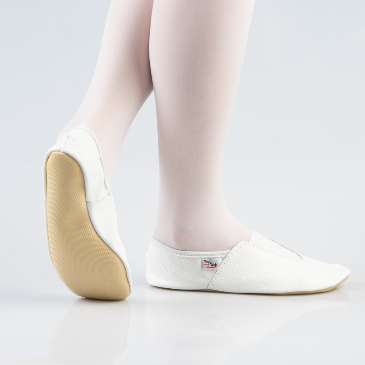 Natural Leather Kids & Teens Gymnastics Slippers – Elastic Top Detail & Rubber Outsole (White) - Tiny Tugz™