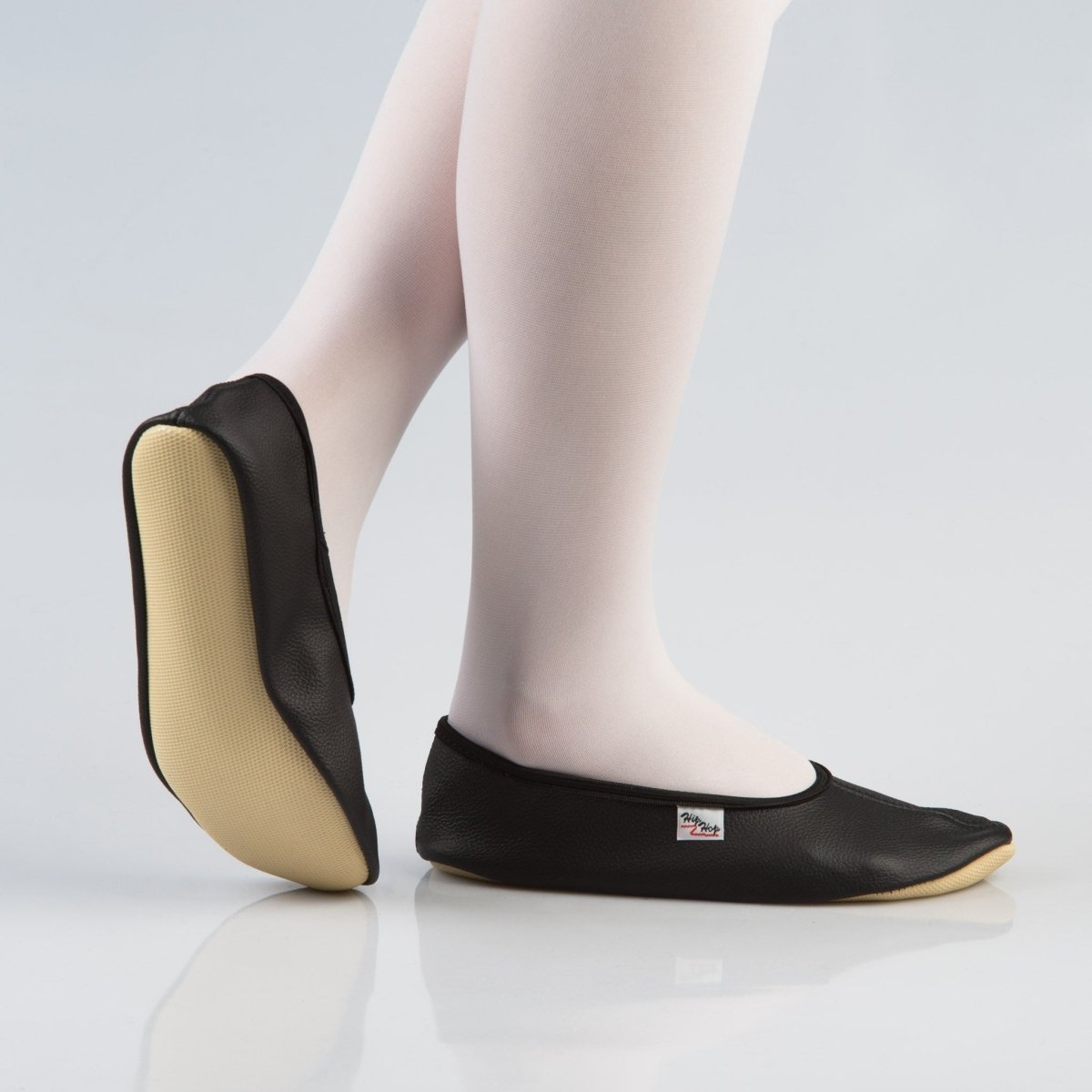 Natural Leather Kids & Teens Gymnastics Slippers – Rubber Ridge & Rubber Outsole (Black) - Tiny Tugz™