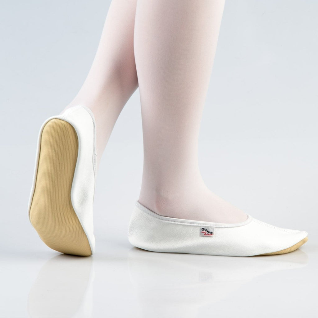 Natural Leather Kids & Teens Gymnastics Slippers – Rubber Ridge & Rubber Outsole (White) - Tiny Tugz™