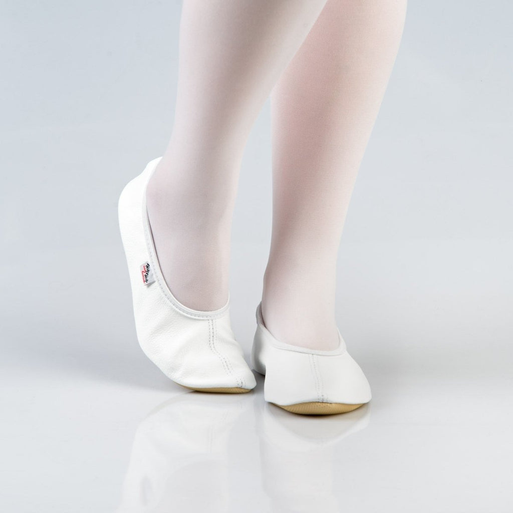 Natural Leather Kids & Teens Gymnastics Slippers – Rubber Ridge & Rubber Outsole (White) - Tiny Tugz™