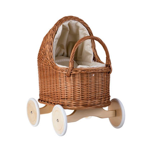 Natural Wicker Doll Pram – Beige Bedding – handwoven Polish wicker pram, made in Poland