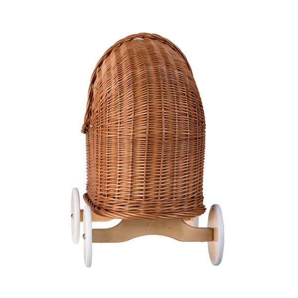 Natural Wicker Doll Pram – Beige Bedding – handwoven Polish wicker pram, made in Poland