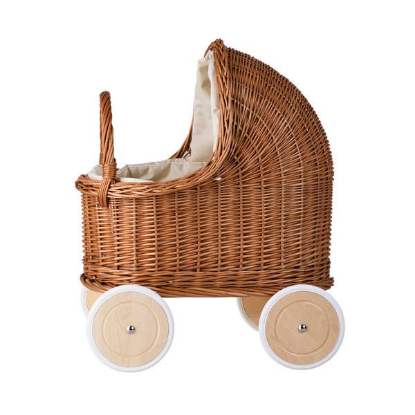Natural Wicker Doll Pram – Beige Bedding – handwoven Polish wicker pram, made in Poland