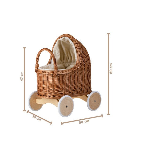 Natural Wicker Doll Pram – Beige Bedding – handwoven Polish wicker pram, made in Poland
