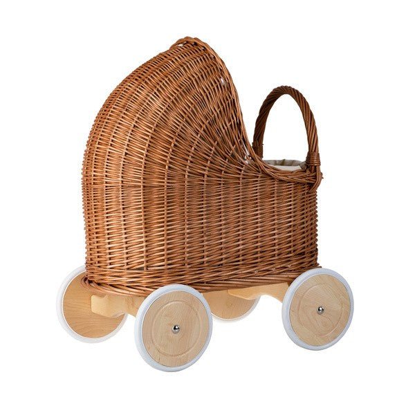 Natural Wicker Doll Pram – Beige Bedding - Tiny Tugz™