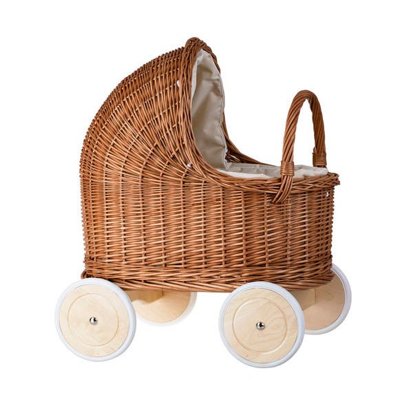 Natural Wicker Doll Pram – Beige Bedding – handwoven Polish wicker pram, made in Poland