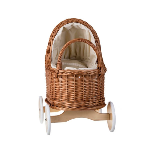 Natural Wicker Doll Pram – Beige Bedding – handwoven Polish wicker pram, made in Poland