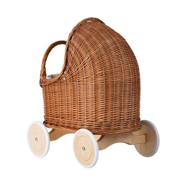 Natural Wicker Doll Pram – Beige Bedding - Tiny Tugz™