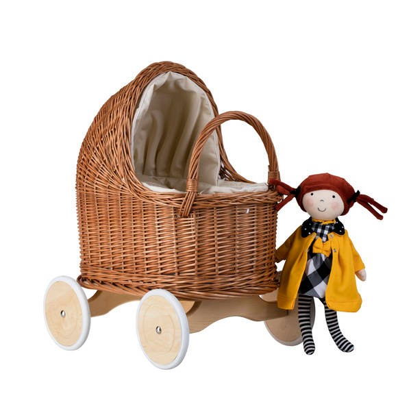 Natural Wicker Doll Pram – Beige Bedding – handwoven Polish wicker pram, made in Poland
