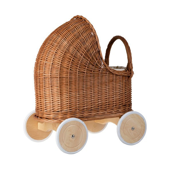 Natural Wicker Doll Pram – Beige Bedding – handwoven Polish wicker pram, made in Poland