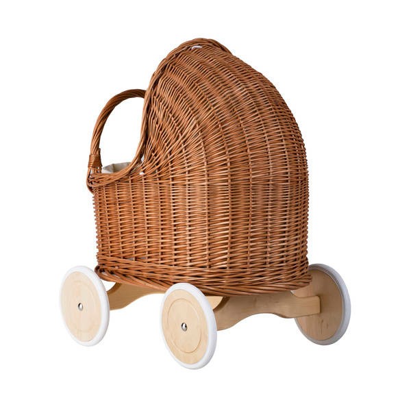 Natural Wicker Doll Pram – Beige Bedding – handwoven Polish wicker pram, made in Poland