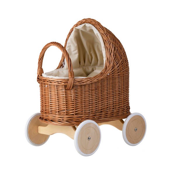 Natural Wicker Doll Pram – Beige Bedding – handwoven Polish wicker pram, made in Poland