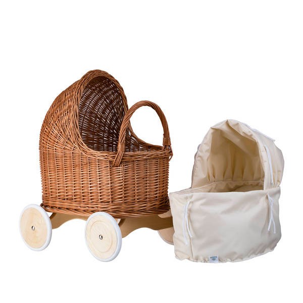 Natural Wicker Doll Pram – Beige Bedding – handwoven Polish wicker pram, made in Poland