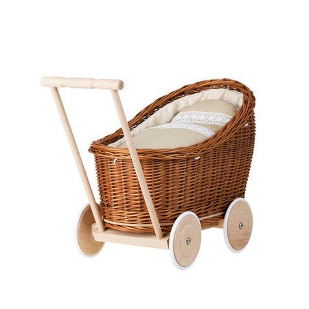 Natural Wicker Doll Pram Luna – Beige Bedding – handwoven Polish wicker pram, made in Poland