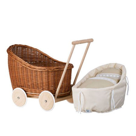 Natural Wicker Doll Pram Luna – Beige Bedding – handwoven Polish wicker pram, made in Poland