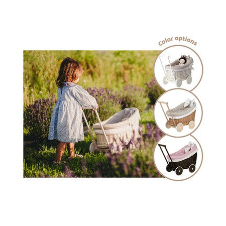 Natural Wicker Doll Pram Luna – Beige Bedding – handwoven Polish wicker pram, made in Poland