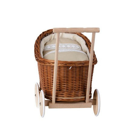 Natural Wicker Doll Pram Luna – Beige Bedding – handwoven Polish wicker pram, made in Poland