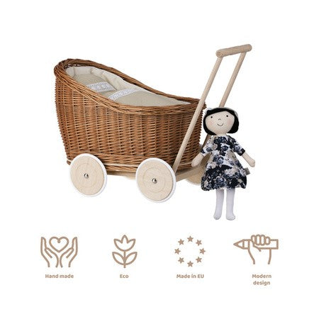 Natural Wicker Doll Pram Luna – Beige Bedding – handwoven Polish wicker pram, made in Poland