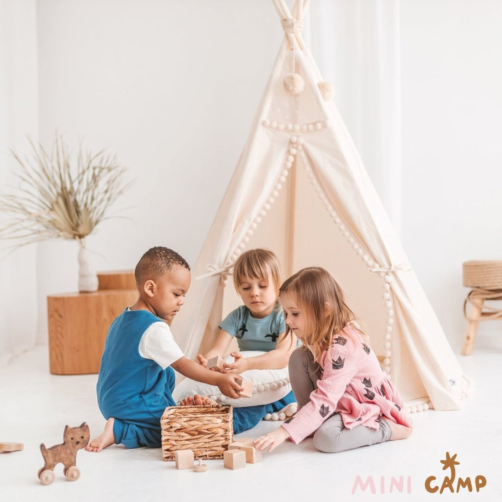 Original Kids Teepee with Pompoms - Ecru - Cotton Canvas & Wooden Poles - Tiny Tugz™