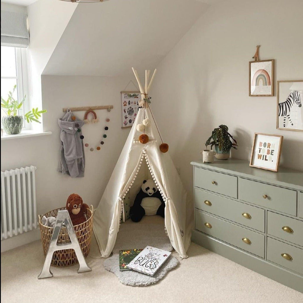 Original Kids Teepee with Pompoms - Ecru - Cotton Canvas & Wooden Poles - Tiny Tugz™