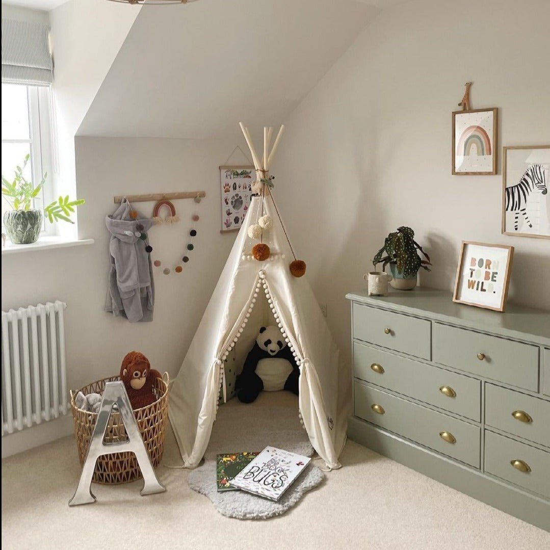 Original Kids Teepee with Pompoms - Ecru - Cotton Canvas & Wooden Poles - Tiny Tugz™