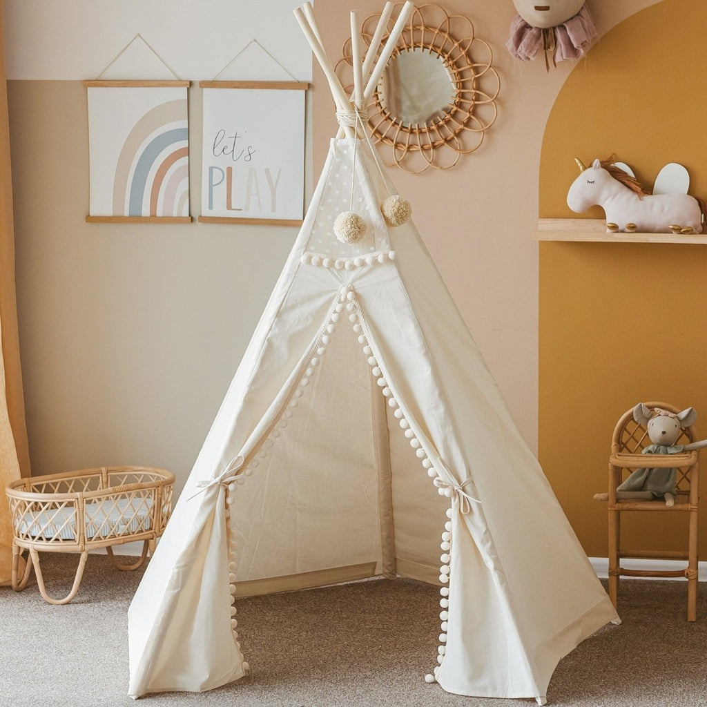 Original Kids Teepee with Pompoms - Ecru - Cotton Canvas & Wooden Poles - Tiny Tugz™
