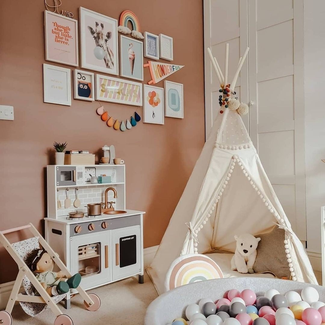 Original Kids Teepee with Pompoms - Ecru - Cotton Canvas & Wooden Poles - Tiny Tugz™