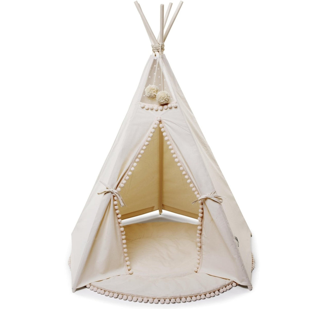 Original Kids Teepee with Pompoms - Ecru - Cotton Canvas & Wooden Poles - Tiny Tugz™