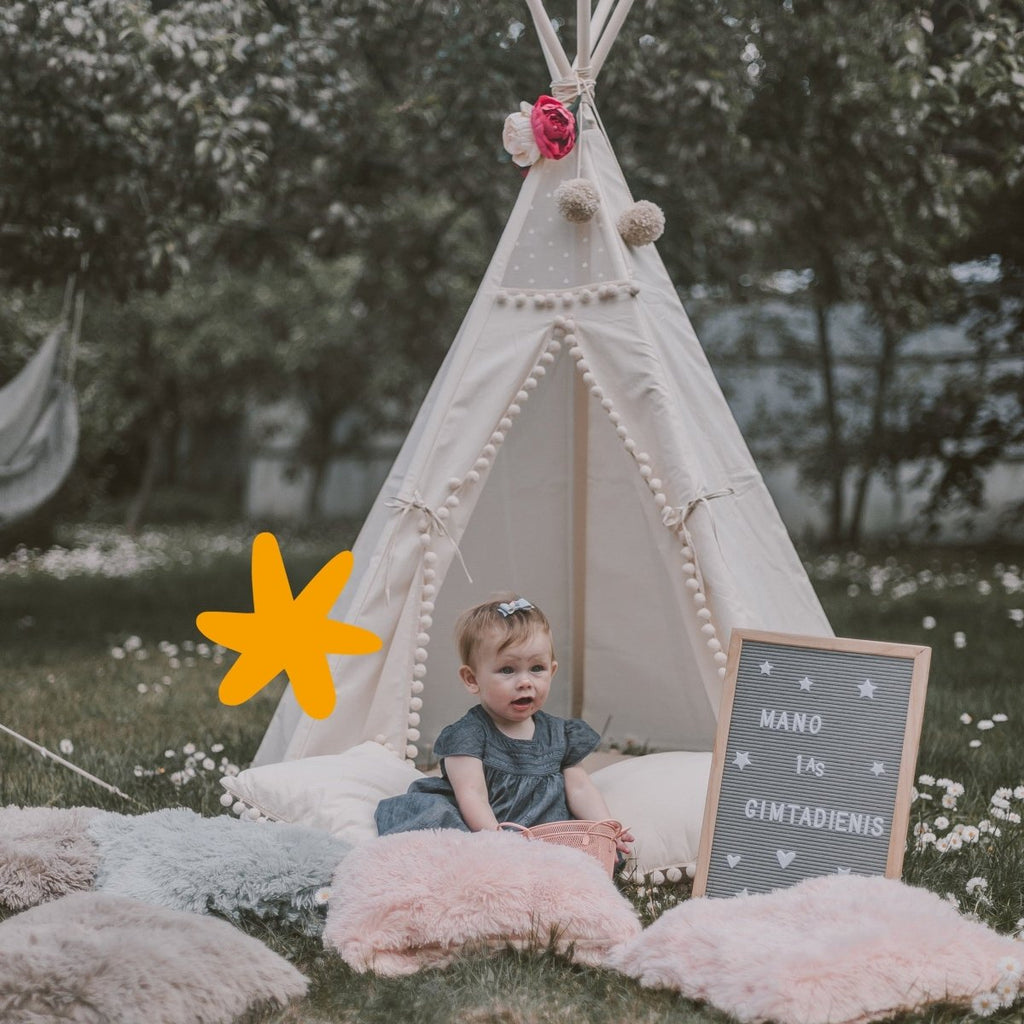 Original Kids Teepee with Pompoms - Ecru - Cotton Canvas & Wooden Poles - Tiny Tugz™