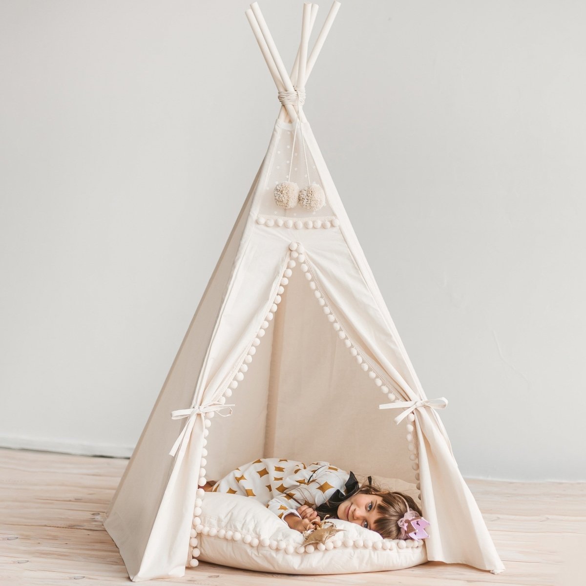 Original Kids Teepee with Pompoms - Ecru - Cotton Canvas & Wooden Poles - Tiny Tugz™