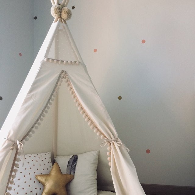 Original Kids Teepee with Pompoms - Ecru - Cotton Canvas & Wooden Poles - Tiny Tugz™